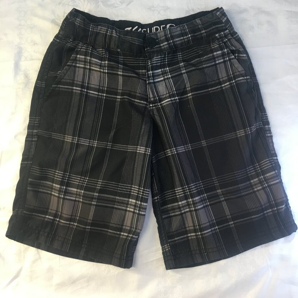 360 Surf Shorts Boys Size 9/10 Gray Black Plaid Pockets Tartan Adjustable
